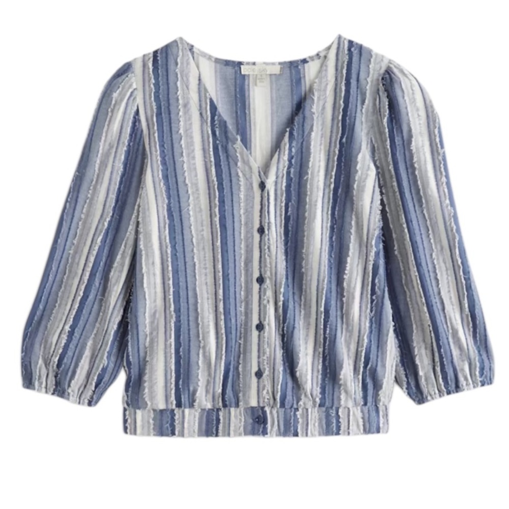 PALE SKY MILLE THREE QUARTER SLEEVE TEXTURED BUTTON FRONT KNIT TOP